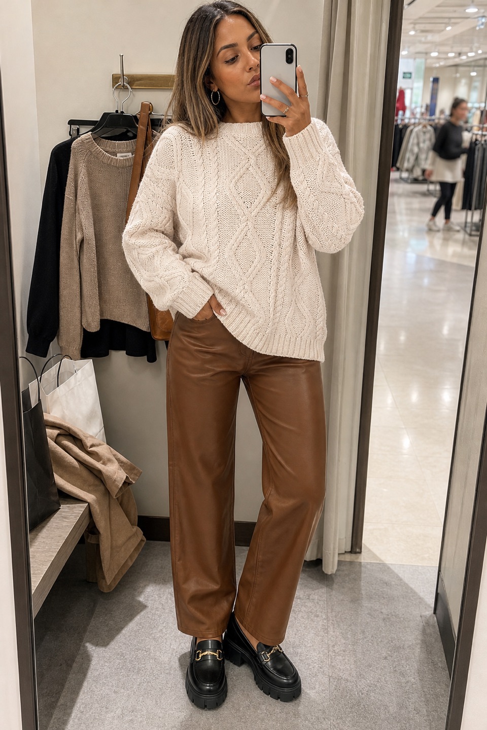 Outfit with Women's Oversized Cable Knit Sweaters Fall Outfits Cream, Brown Faux Leather Pants Women Straight Leg PU Jeans with Pockets 12, Loafers for Women Platform Chunky Loafers curated by @dopasnap