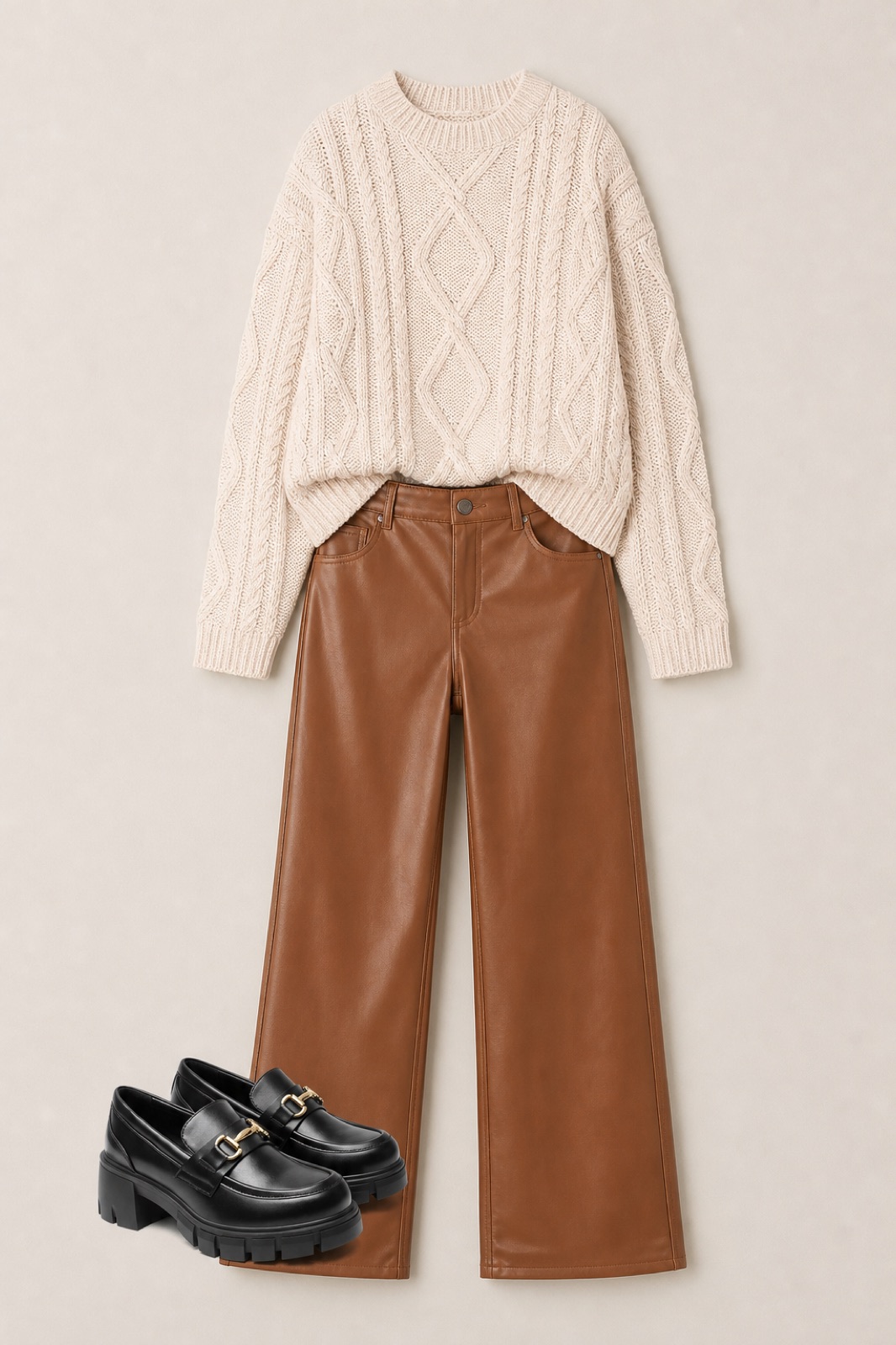Outfit with Women's Oversized Cable Knit Sweaters Fall Outfits Cream, Brown Faux Leather Pants Women Straight Leg PU Jeans with Pockets 12, Loafers for Women Platform Chunky Loafers curated by @dopasnap