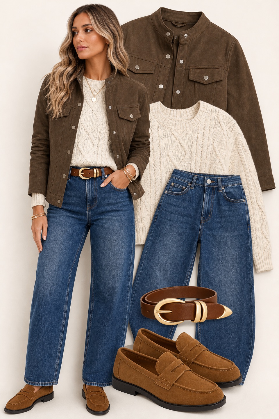 Outfit with Women's Oversized Cable Knit Sweaters Fall Outfits Cream, Brown Belt women with Gold Buckle for Jeans Dress Leather Belts, Blue Barrel Jeans for Women Mid High Waisted Baggy Stretchy Balloon curated by @dopasnap