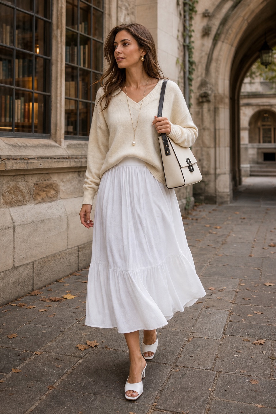 Outfit with Cream Mara Wool, Silk & Cashmere Blend V-Neck Sweater, White Cotton Midi Skirt, White Mule Heels curated by @dopasnap