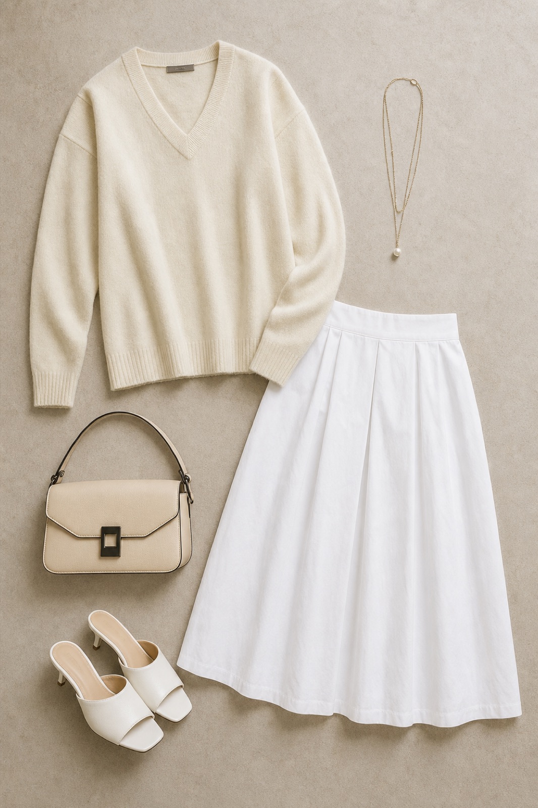 Outfit with Cream Mara Wool, Silk & Cashmere Blend V-Neck Sweater, White Cotton Midi Skirt, White Mule Heels curated by @dopasnap