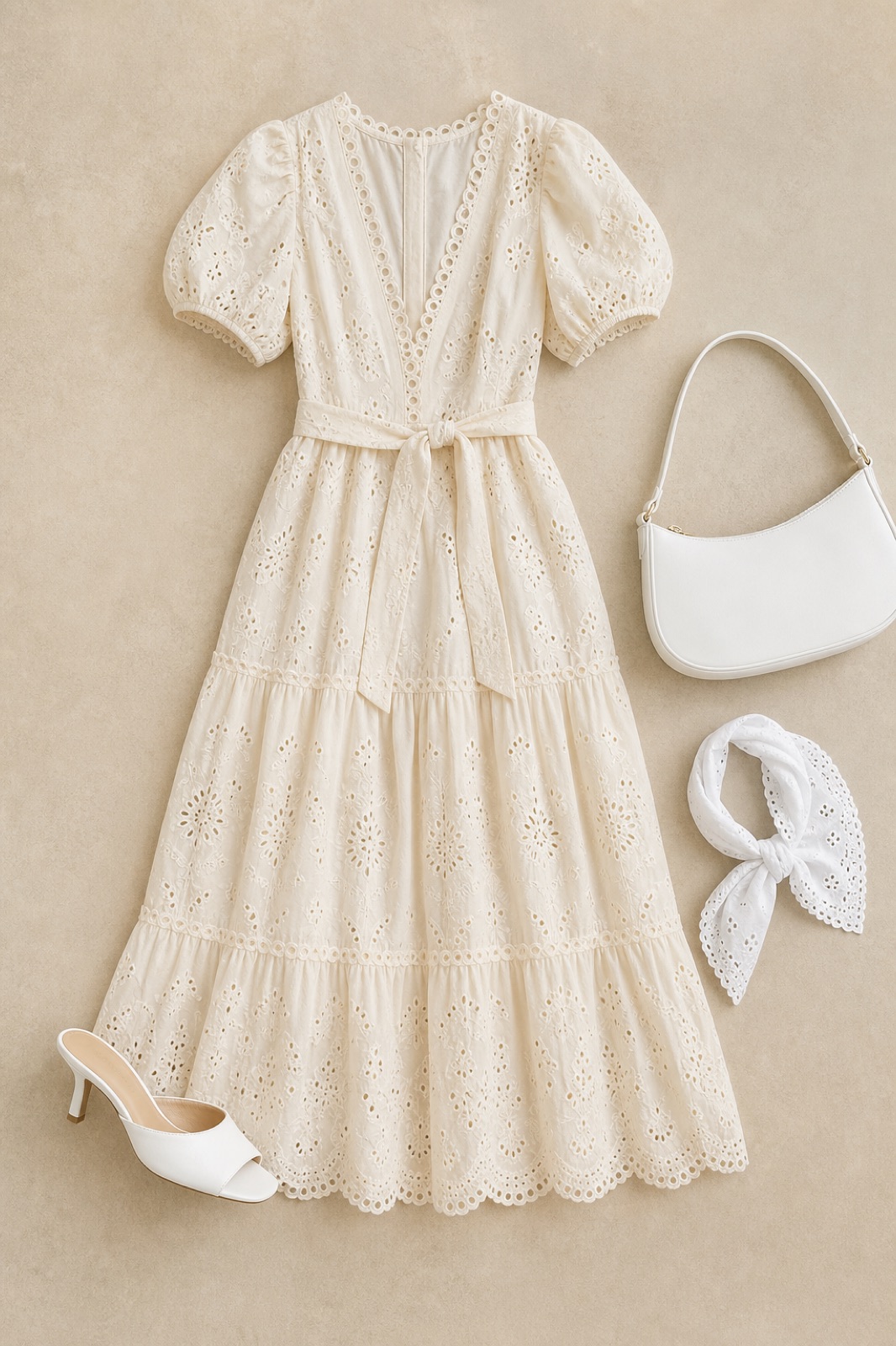 Outfit with Cream Daylight Dress, White Mule Heels, White Shoulder Bag curated by @dopasnap
