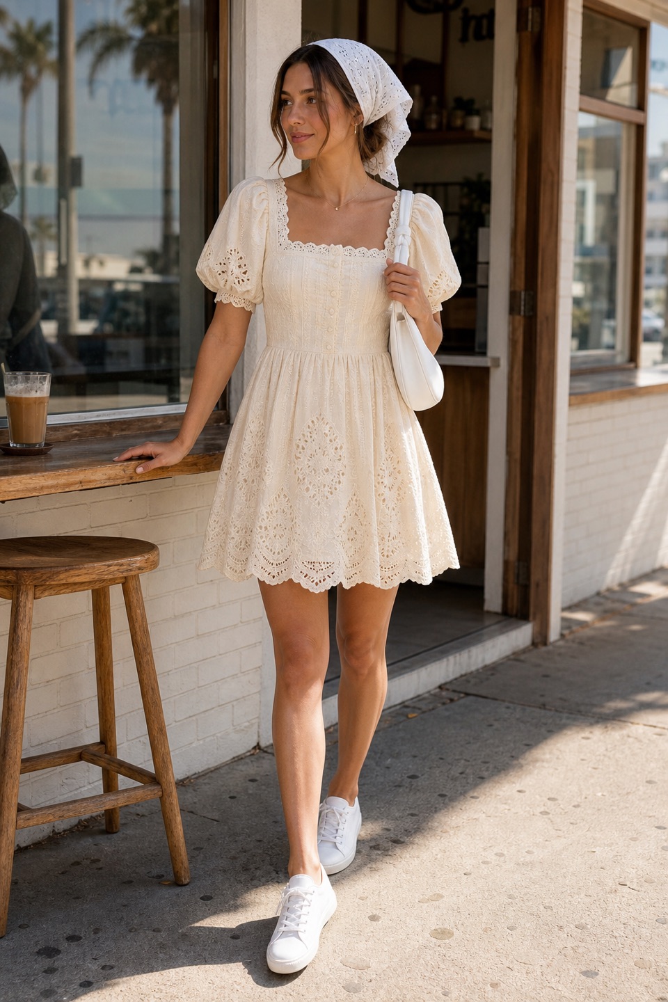Outfit with Cream Daylight Dress, White canvas low-top sneaker, White Shoulder Bag curated by @dopasnap