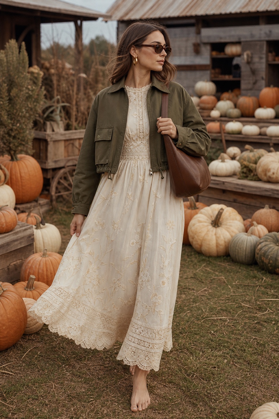 Outfit with Cream Daylight Dress, Olive Cropped Utility Anorak Jacket, Sculptural gold hoops curated by @dopasnap