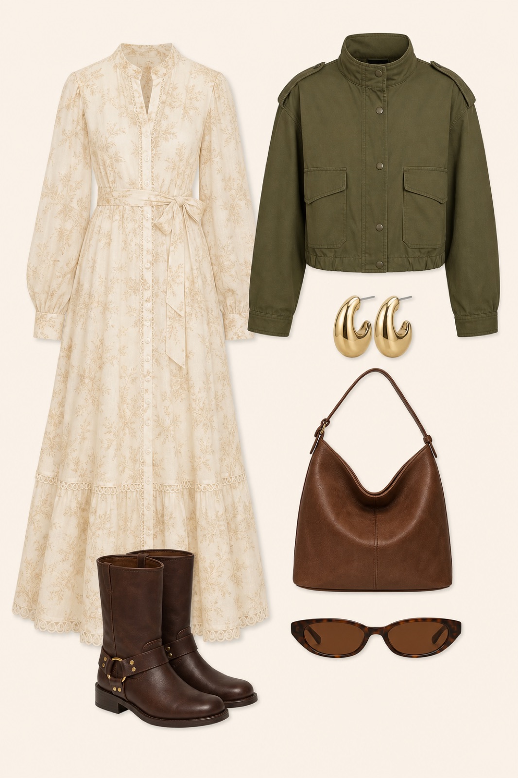 Outfit with Cream Daylight Dress, Olive Cropped Utility Anorak Jacket, Sculptural gold hoops curated by @dopasnap