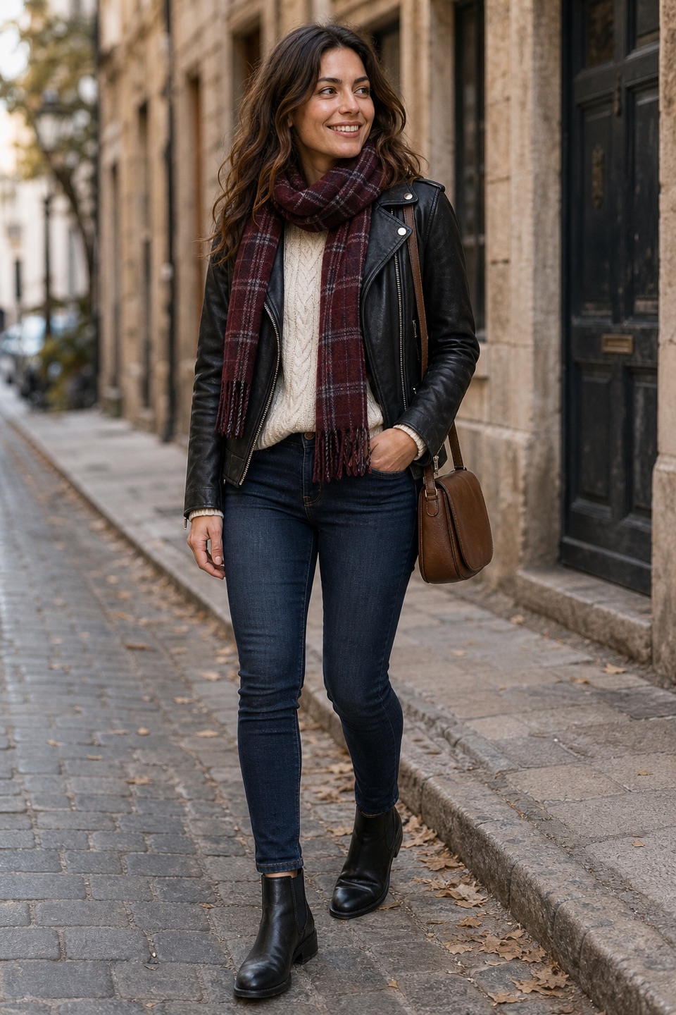 Outfit with Black Women's Faux Leather Moto Biker Short Coat Jacket, Women's Oversized Cable Knit Sweaters Fall Outfits Cream, Dark blue Women's 724 High Rise Straight Jeans curated by @dopasnap