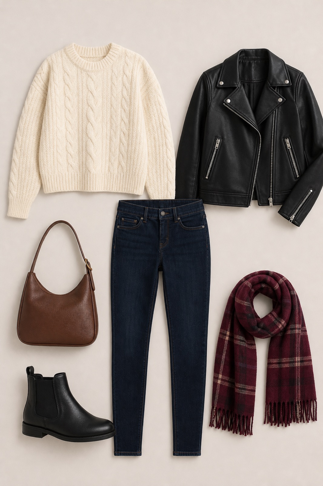 Outfit with Black Women's Faux Leather Moto Biker Short Coat Jacket, Women's Oversized Cable Knit Sweaters Fall Outfits Cream, Dark blue Women's 724 High Rise Straight Jeans curated by @dopasnap