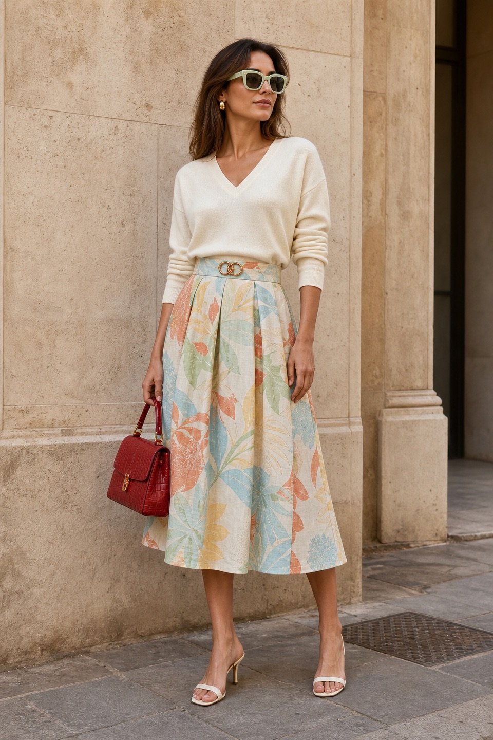 Outfit with Cream V-Neck Sweater, Linen A-Line Skirt, Cream Strappy Heeled Sandals curated by @dopasnap