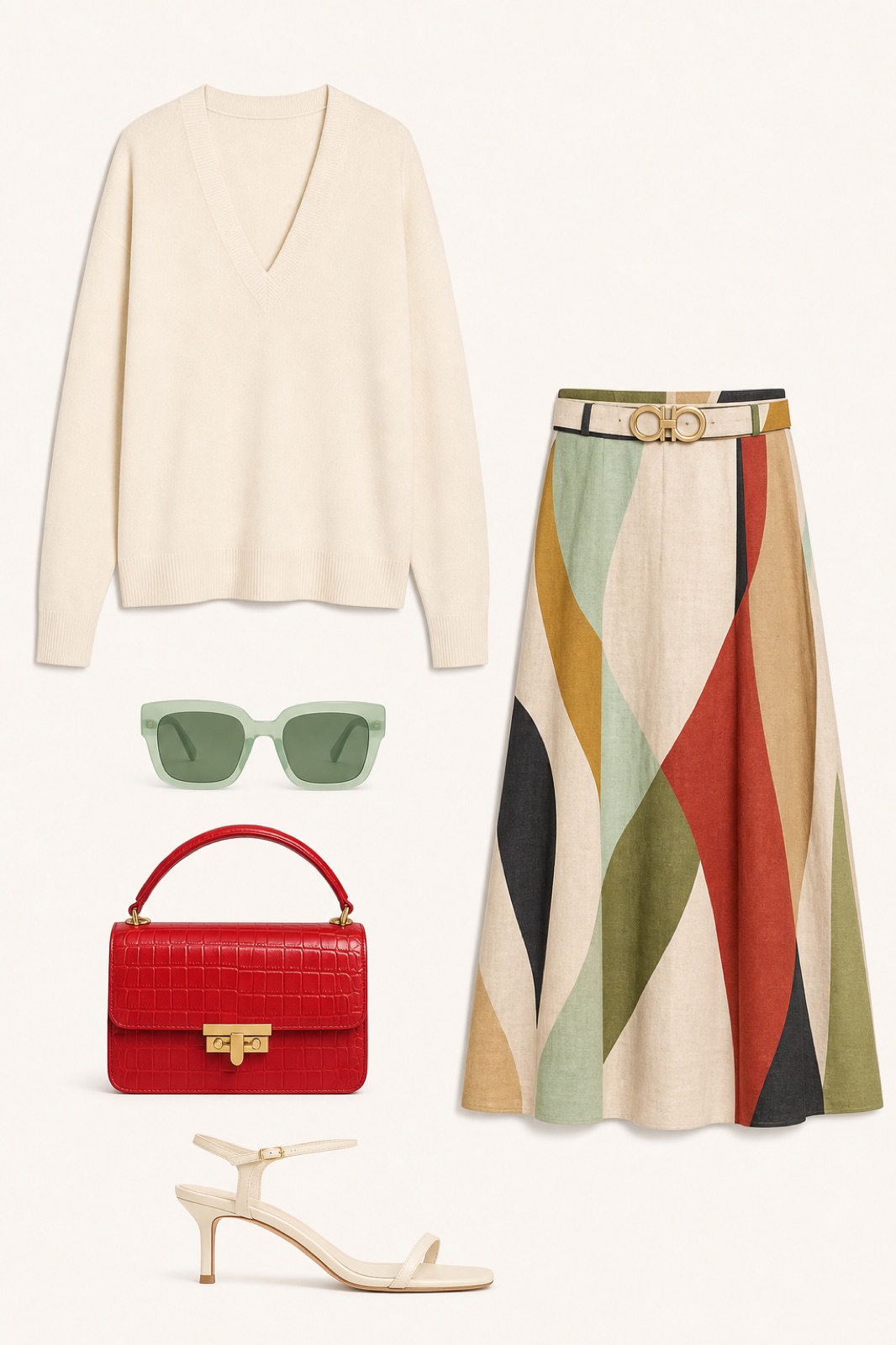 Outfit with Cream V-Neck Sweater, Linen A-Line Skirt, Cream Strappy Heeled Sandals curated by @dopasnap