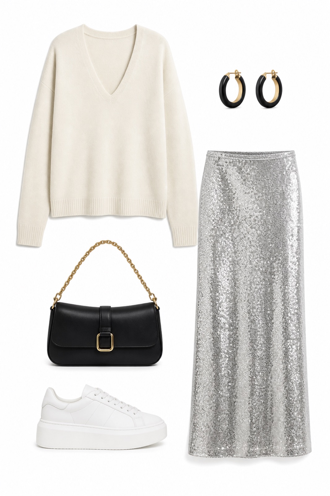Outfit with Cream V-Neck Sweater, Silver Skirt, White Platform Sneakers curated by @dopasnap