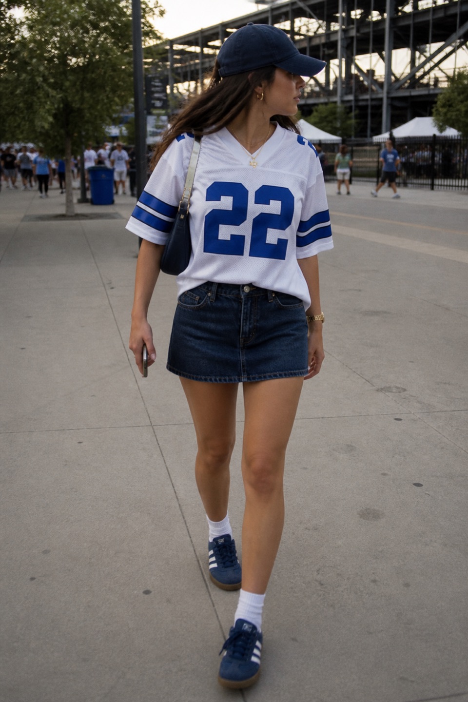 Outfit with White and blue number 22 football jersey, Dark-wash denim mini skirt, Blue low-profile three-stripe sneakers curated by @dopasnap