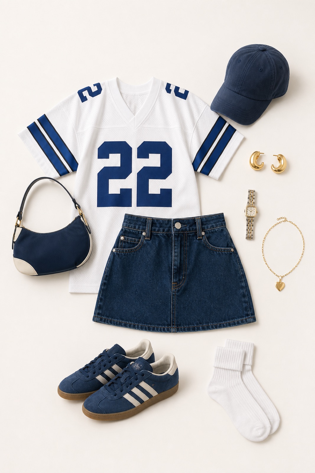 Outfit with White and blue number 22 football jersey, Dark-wash denim mini skirt, Blue low-profile three-stripe sneakers curated by @dopasnap