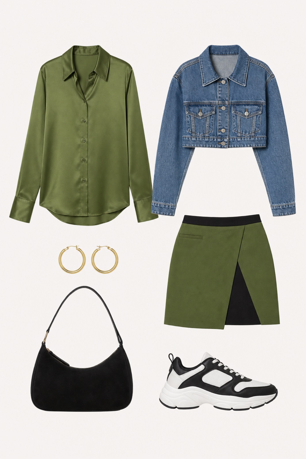 Outfit with Green Silk Shirt, Green Bicolor Cotton Skirt, White & Black Sneakers curated by @dopasnap
