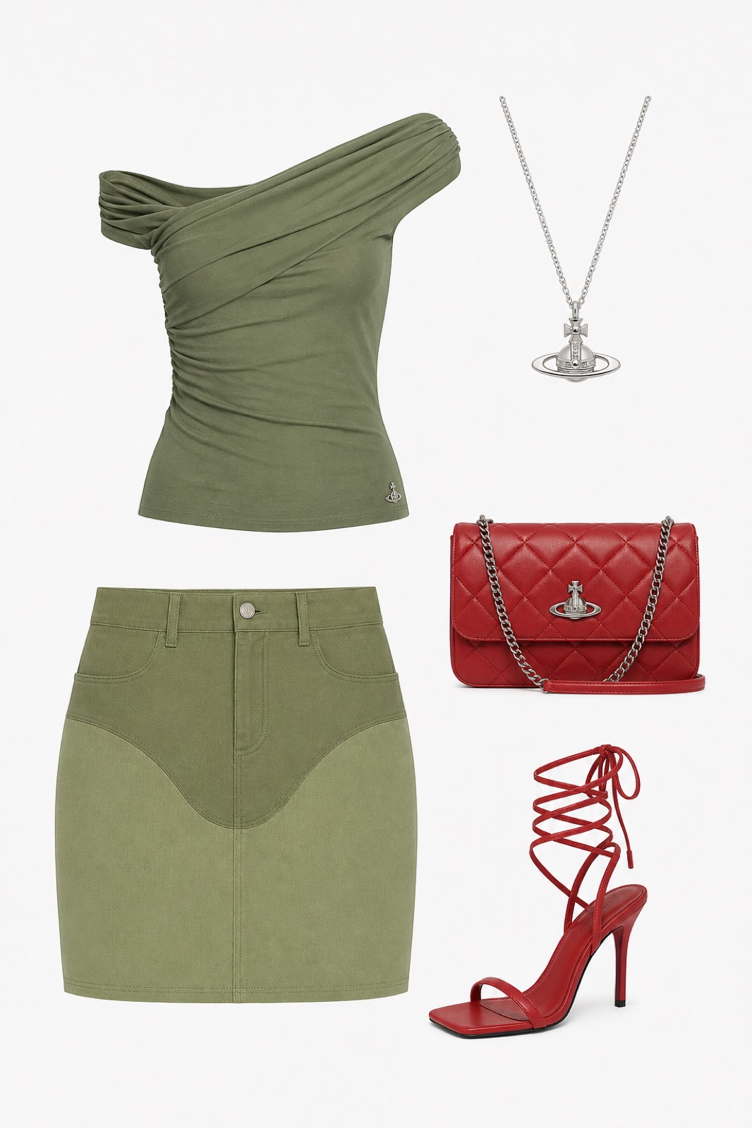Outfit with Green Off-Shoulder Draped Tank Top, Green Bicolor Cotton Skirt, red LACE UP HEEL sandals curated by @dopasnap