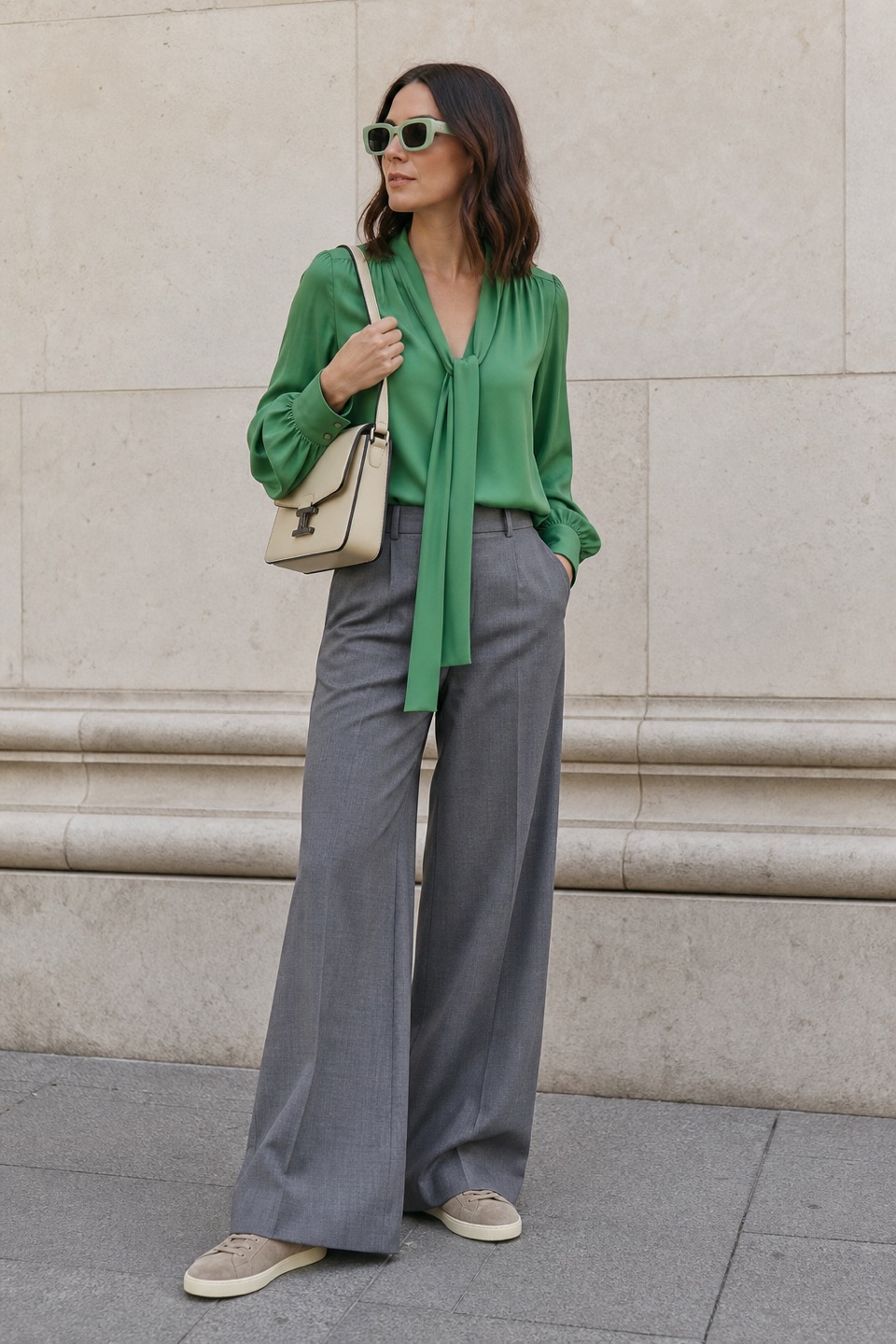 Outfit with Green Viscose Blouse, Gray Flared Trousers, Suede Low-Top Sneakers curated by @dopasnap