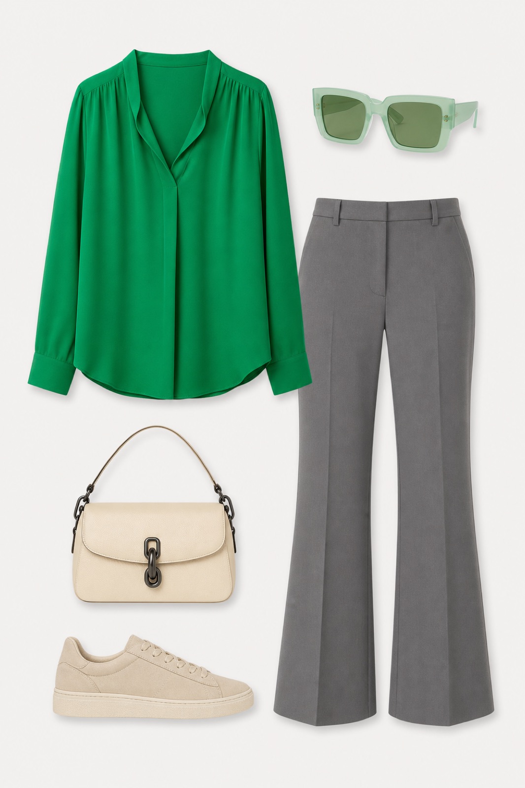 Outfit with Green Viscose Blouse, Gray Flared Trousers, Suede Low-Top Sneakers curated by @dopasnap