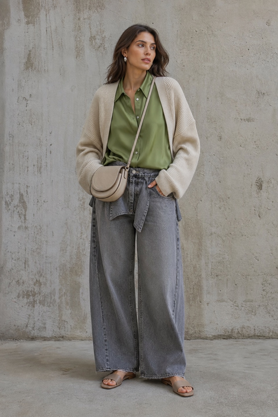 Outfit with Green Silk Shirt, Gray Deconstructed Wide-Leg Denim Jeans, Leather Slide Sandals curated by @dopasnap