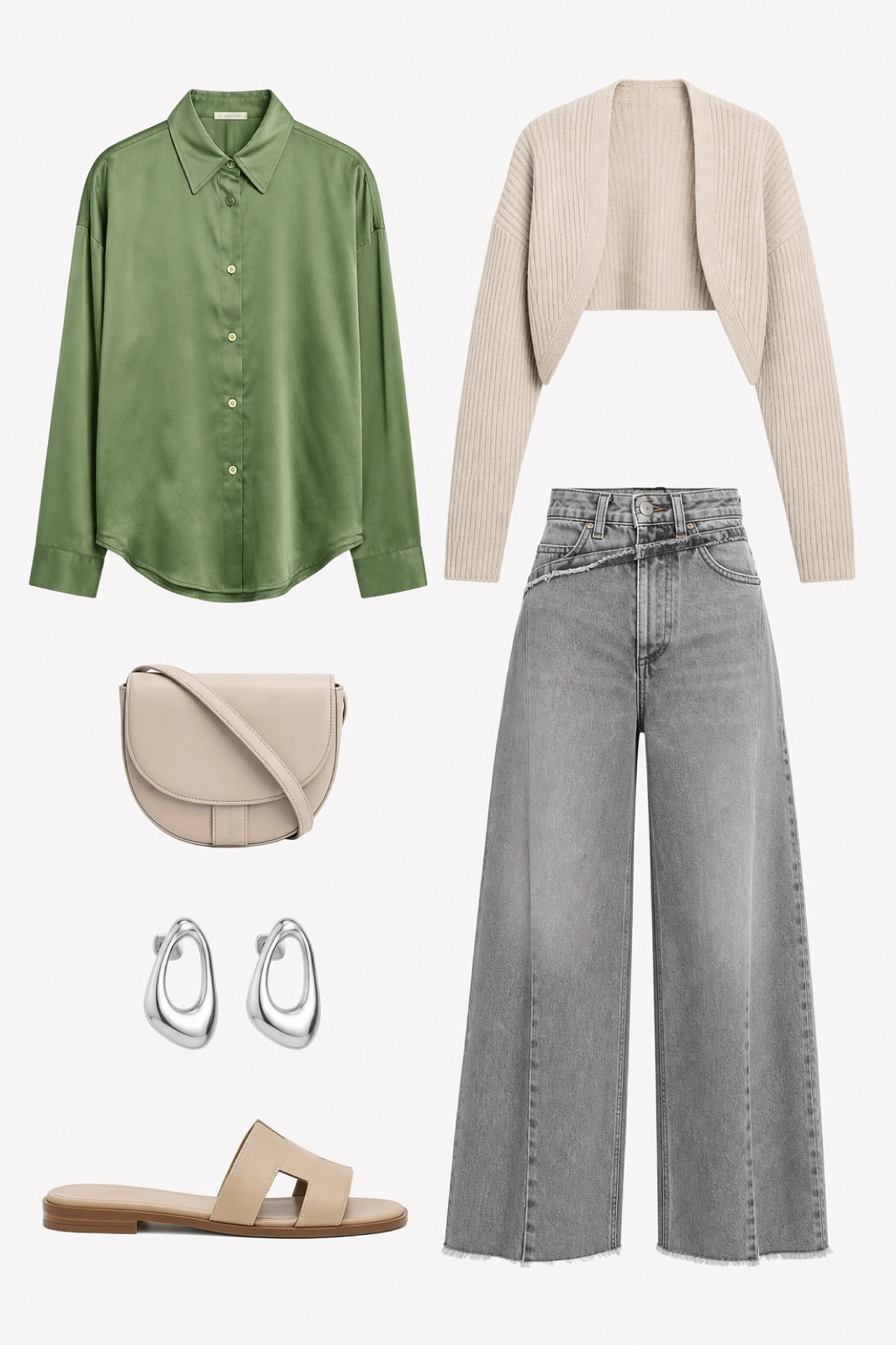 Outfit with Green Silk Shirt, Gray Deconstructed Wide-Leg Denim Jeans, Leather Slide Sandals curated by @dopasnap