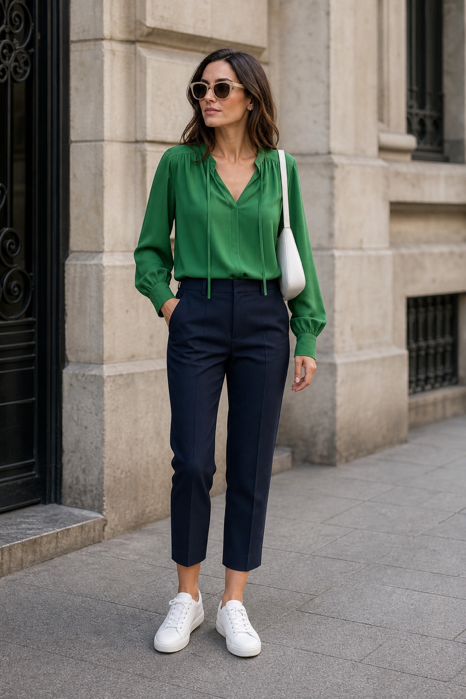 Outfit with Green Viscose Blouse, Navy Cropped Wool Trousers, White Lace-Up Sneakers curated by @dopasnap
