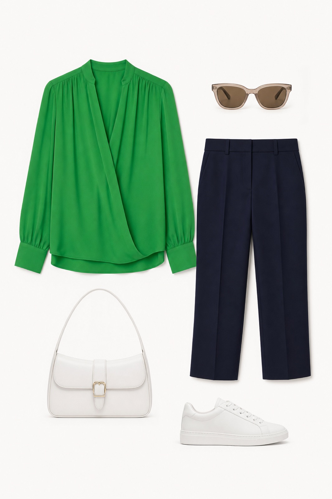 Outfit with Green Viscose Blouse, Navy Cropped Wool Trousers, White Lace-Up Sneakers curated by @dopasnap