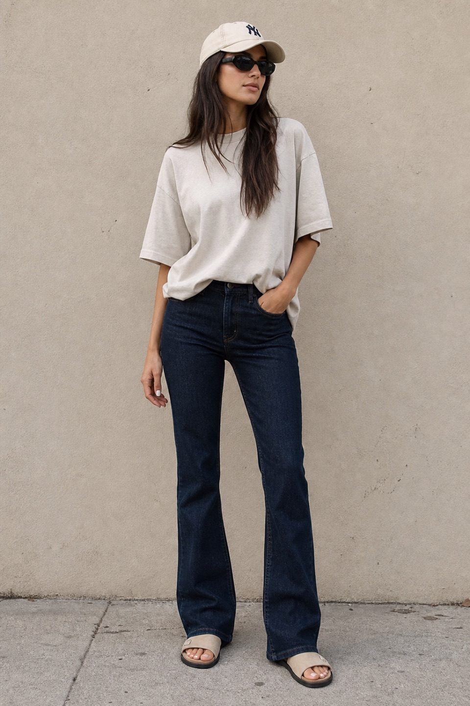 Outfit with Oversized Crew Neck T-Shirt, Dark Wash Bootcut Jeans, Cream New York Yankees baseball cap curated by @dopasnap