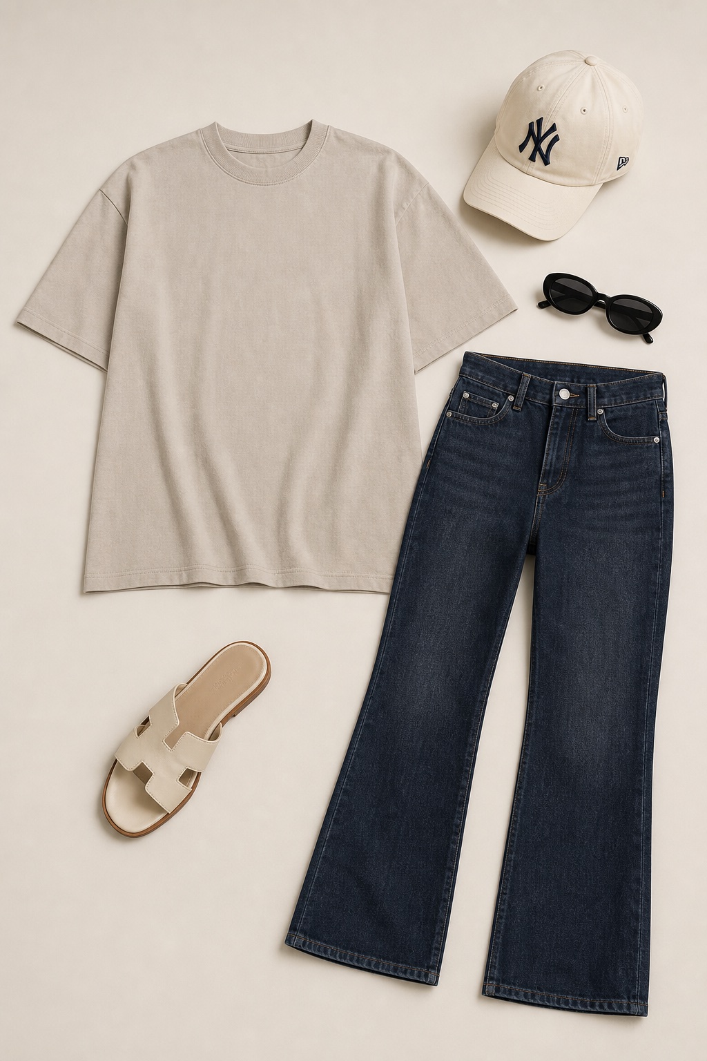 Outfit with Oversized Crew Neck T-Shirt, Dark Wash Bootcut Jeans, Cream New York Yankees baseball cap curated by @dopasnap