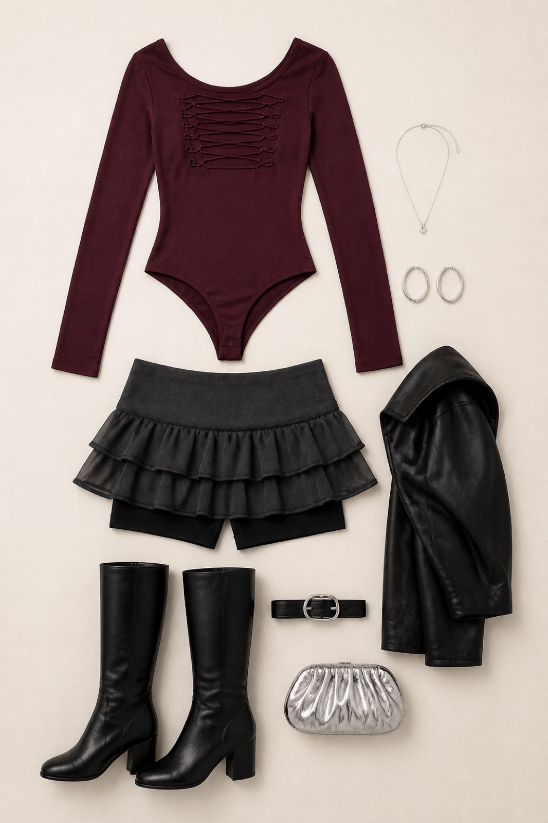 Outfit with Wine-Red Bodysuit, Charcoal Ruffled Mini Skirt With Safety Shorts, Black Knee Boots curated by @dopasnap