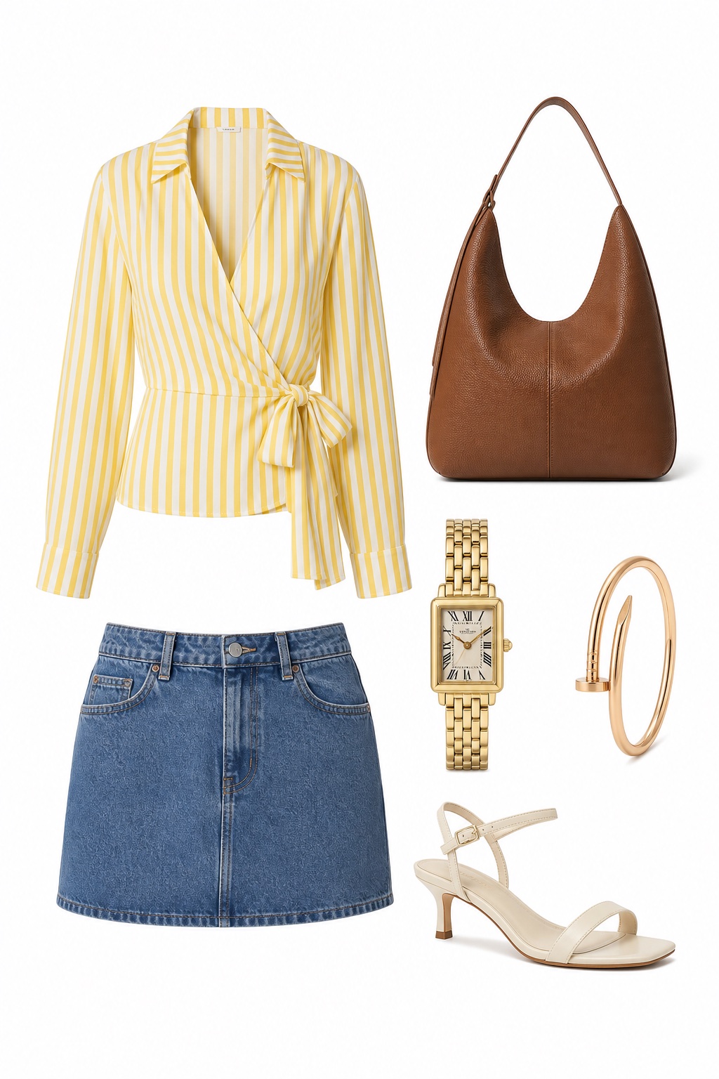 Outfit with Yellow and white vertical striped wrap blouse, Denim Mini Skirt, Cream leather minimal strap heeled sandal curated by @dopasnap