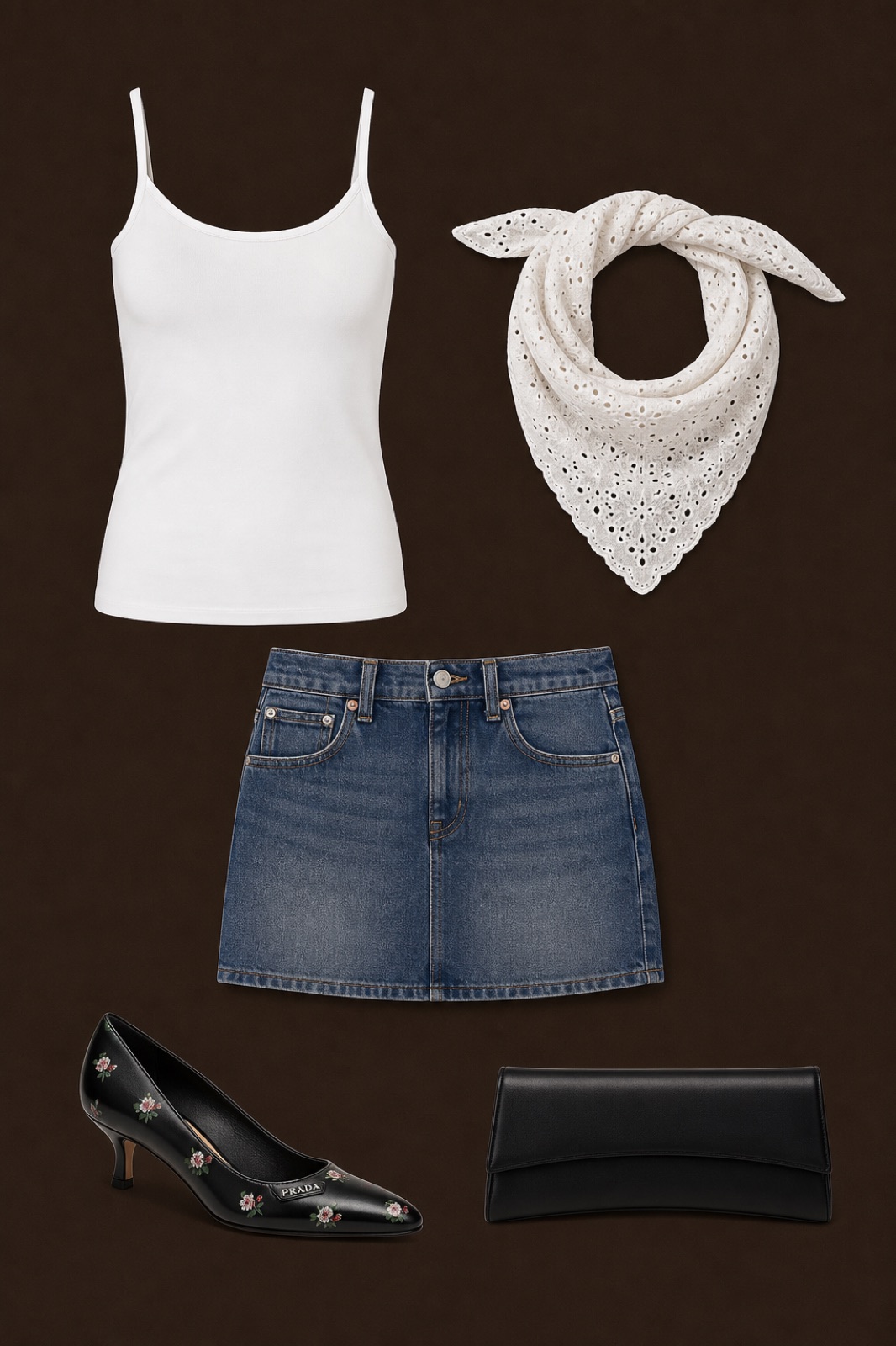 Outfit with White Camisole Tank Top, Denim Mini Skirt, Prada Floral-Print Leather Pump curated by @dopasnap