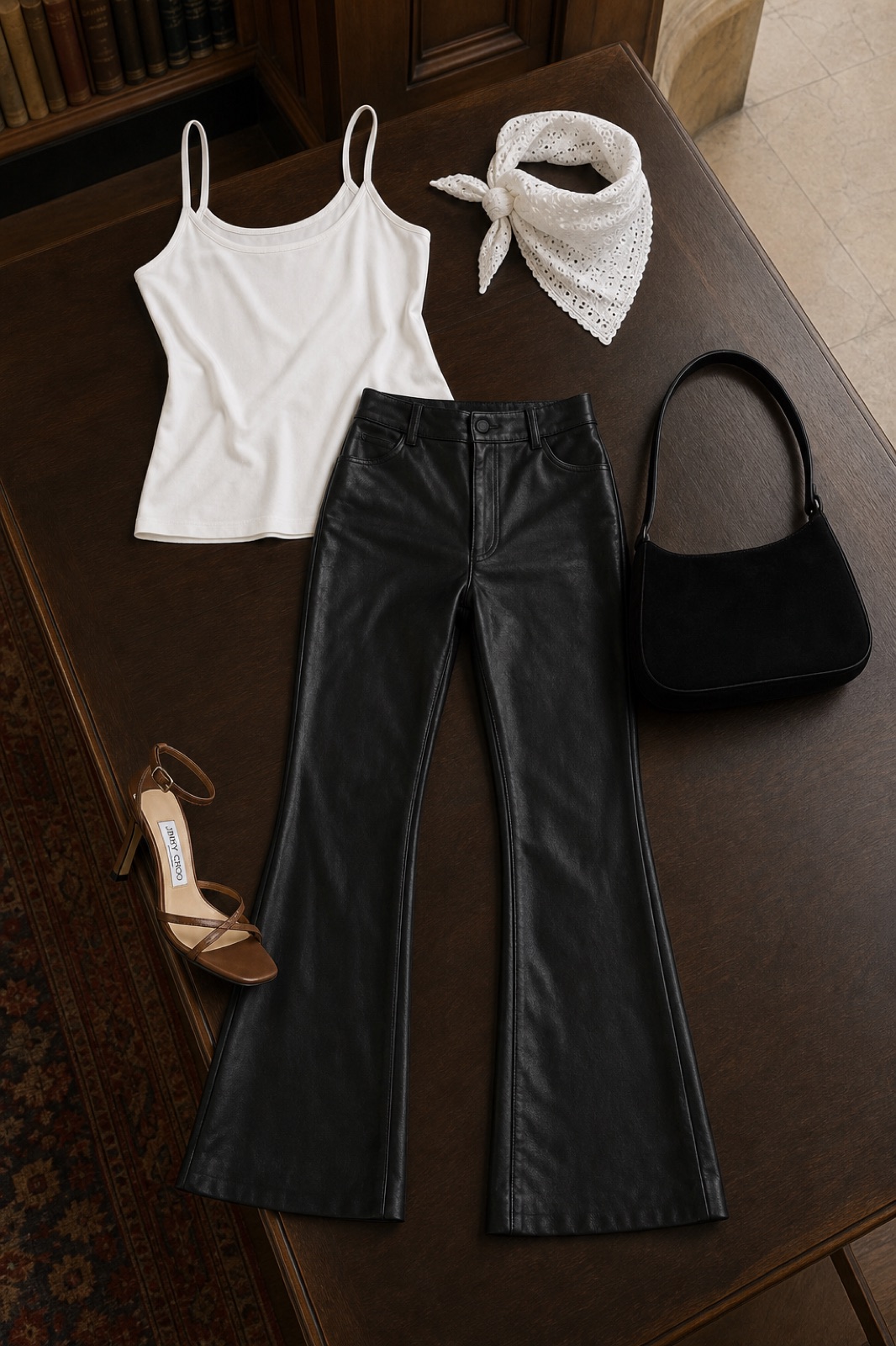 Outfit with White Camisole Tank Top, Black Leather Flare Pants, Jimmy Choo Rori 85 Heel Sandal curated by @dopasnap