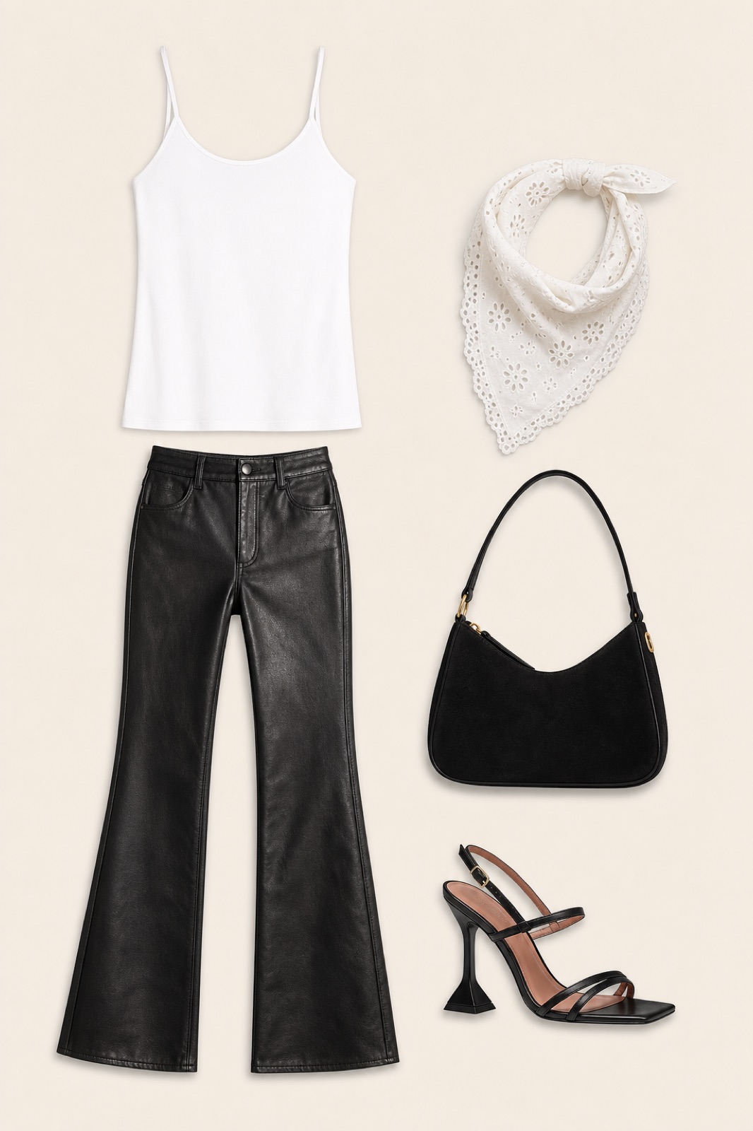 Outfit with White Camisole Tank Top, Black Leather Flare Pants, Amina Muaddi Sculptural Heel Leather Heel Sandal curated by @dopasnap