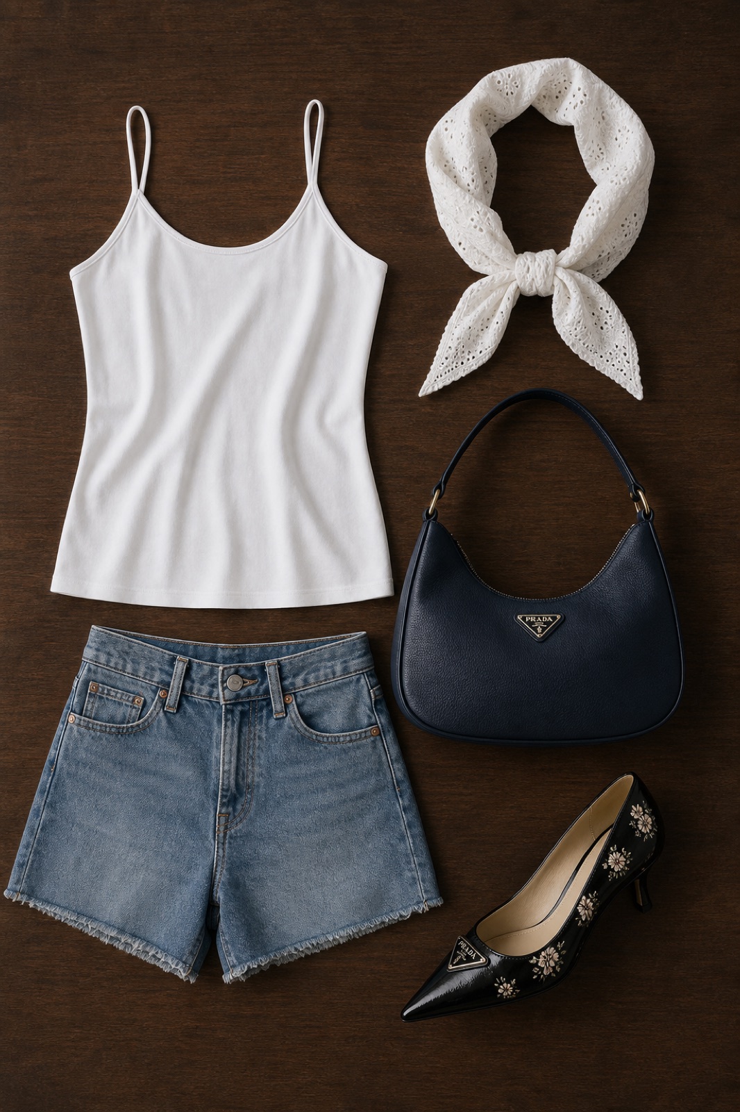 Outfit with White Camisole Tank Top, Denim Shorts, Prada Floral-Print Leather Pump curated by @dopasnap