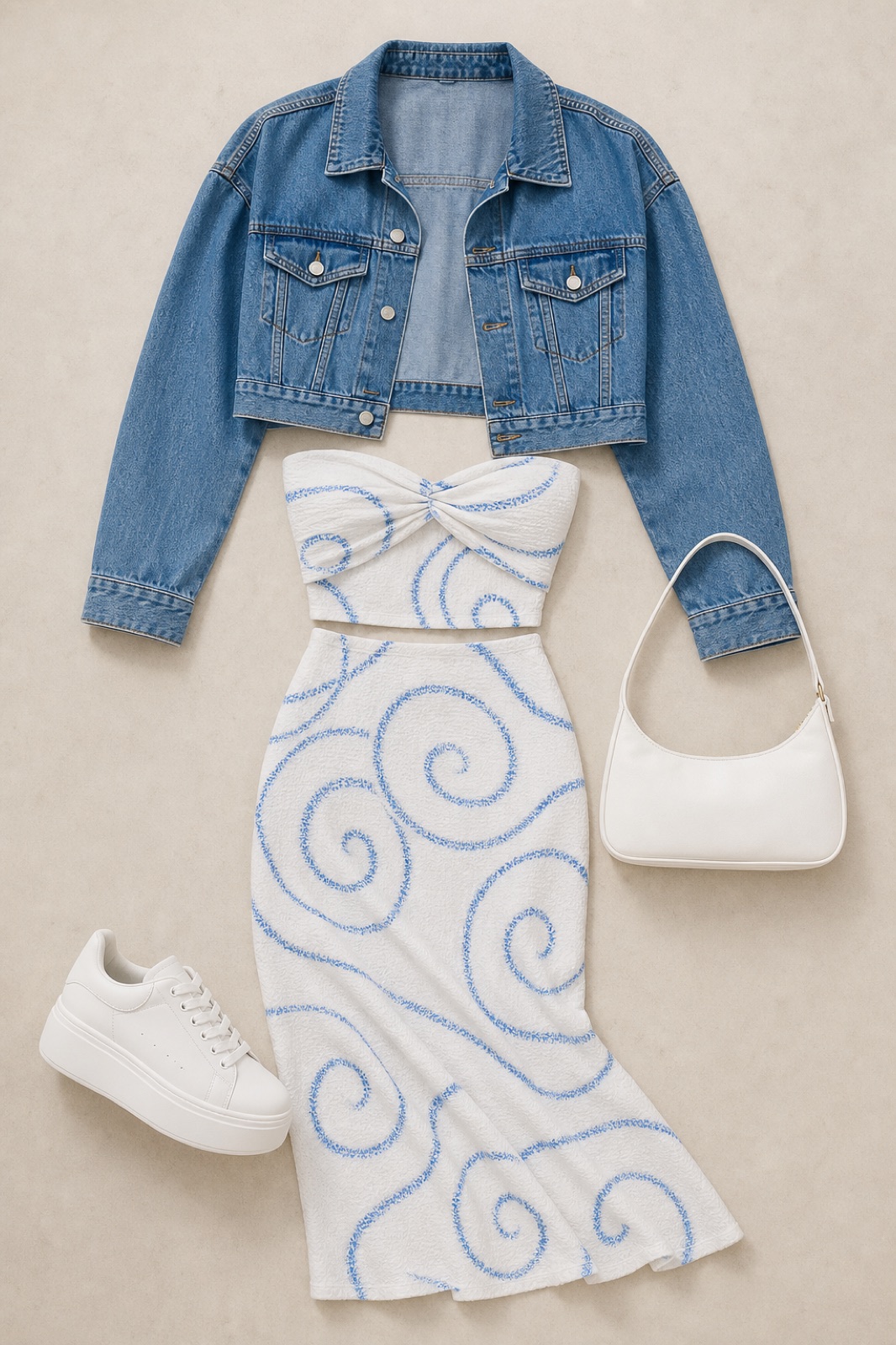 Outfit with 2 piece dress spiral blue and white, Cropped Denim Jacket, White platform sneakers curated by @dopasnap