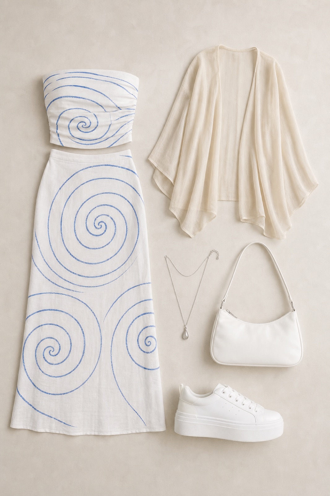 Outfit with 2 piece dress spiral blue and white, Chiffon Cape Shrug, White platform sneakers curated by @dopasnap