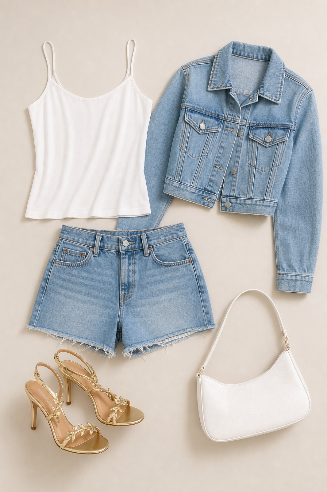 Outfit with White Camisole Tank Top, Denim Shorts, Cropped Denim Jacket curated by @dopasnap