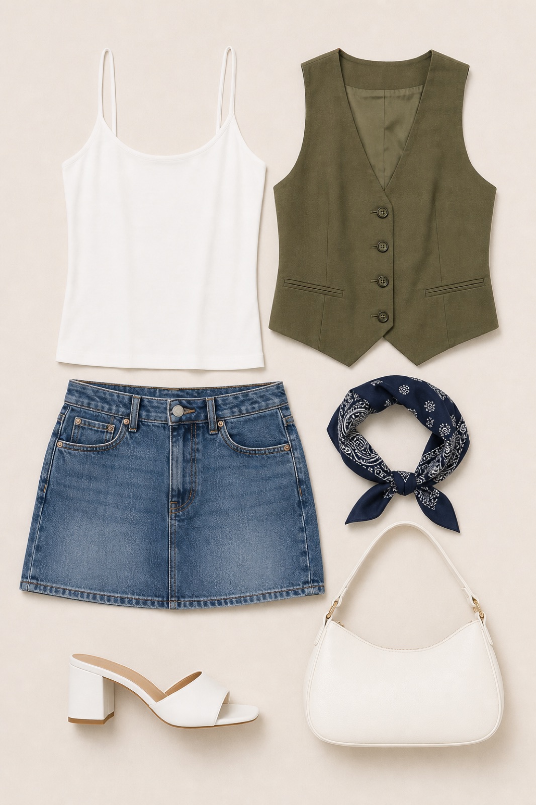 Outfit with White Camisole Tank Top, Denim Mini Skirt, Fancy vest Olive green curated by @dopasnap
