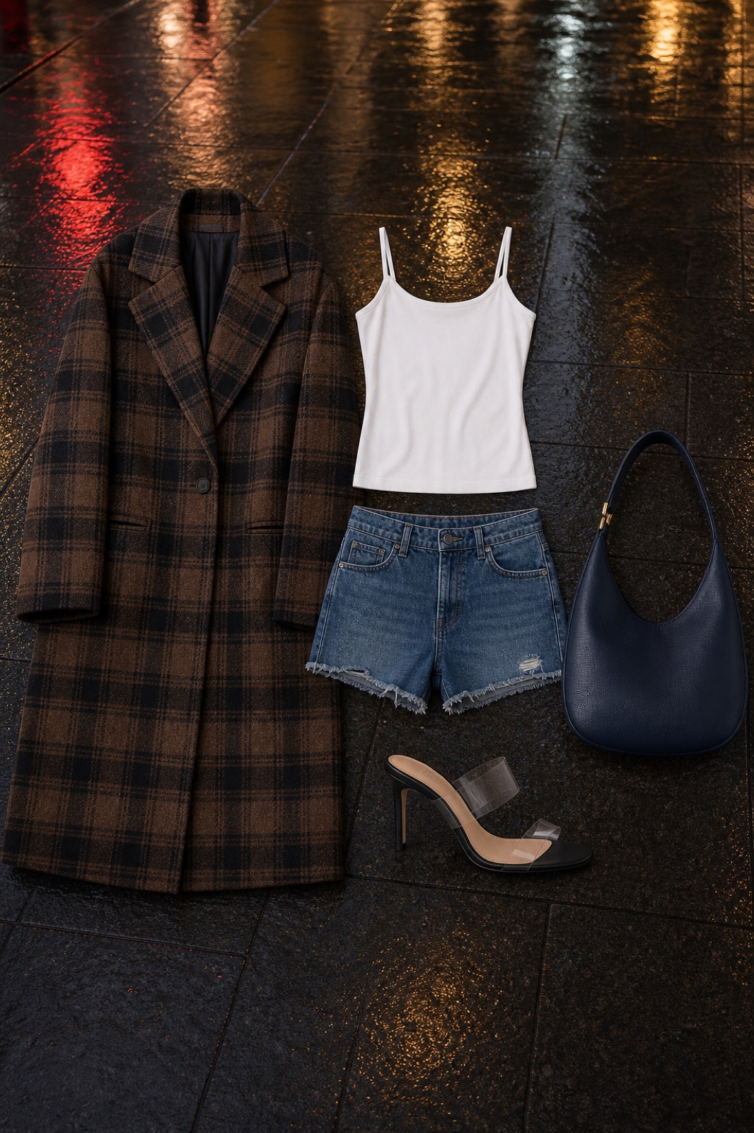 Outfit with White Camisole Tank Top, Denim Shorts, Brown Plaid Longline Wool-Blend Coat curated by @dopasnap