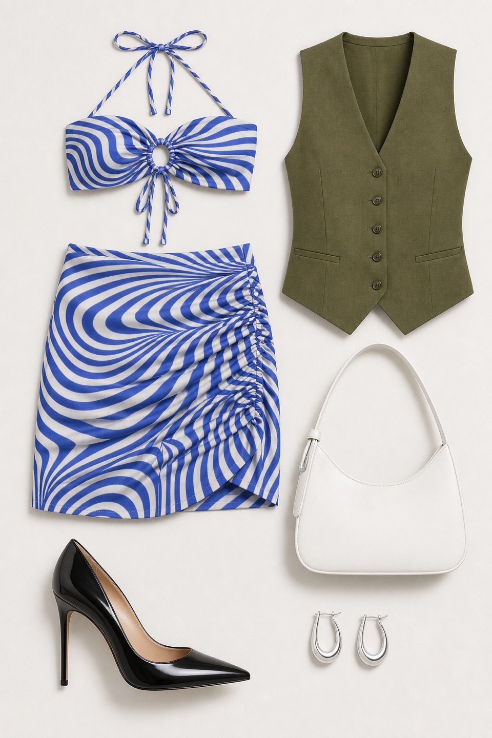 Outfit with blue and white spiral print two-piece set, Fancy vest Olive green, Gianvito Rossi Metallic Leather Stiletto Pump curated by @dopasnap