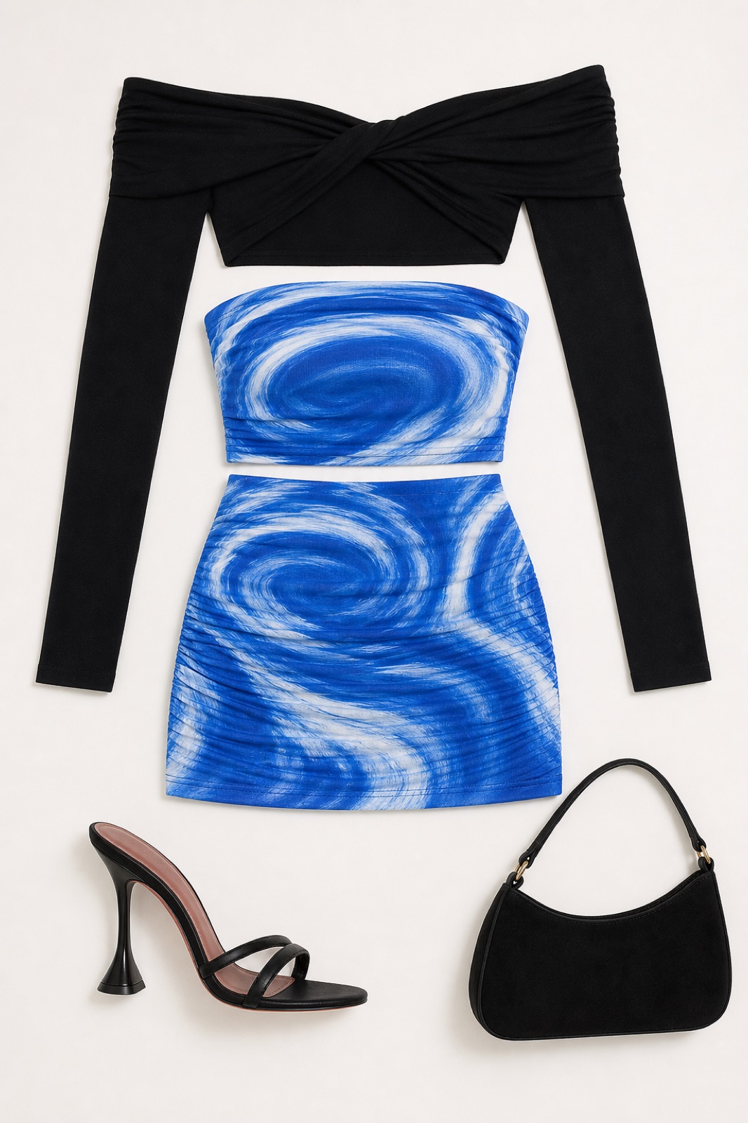 Outfit with blue and white spiral print two-piece set, Black Twist-Front Off-Shoulder Ballet Shrug, Amina Muaddi Sculptural Heel Leather Heel Sandal curated by @dopasnap