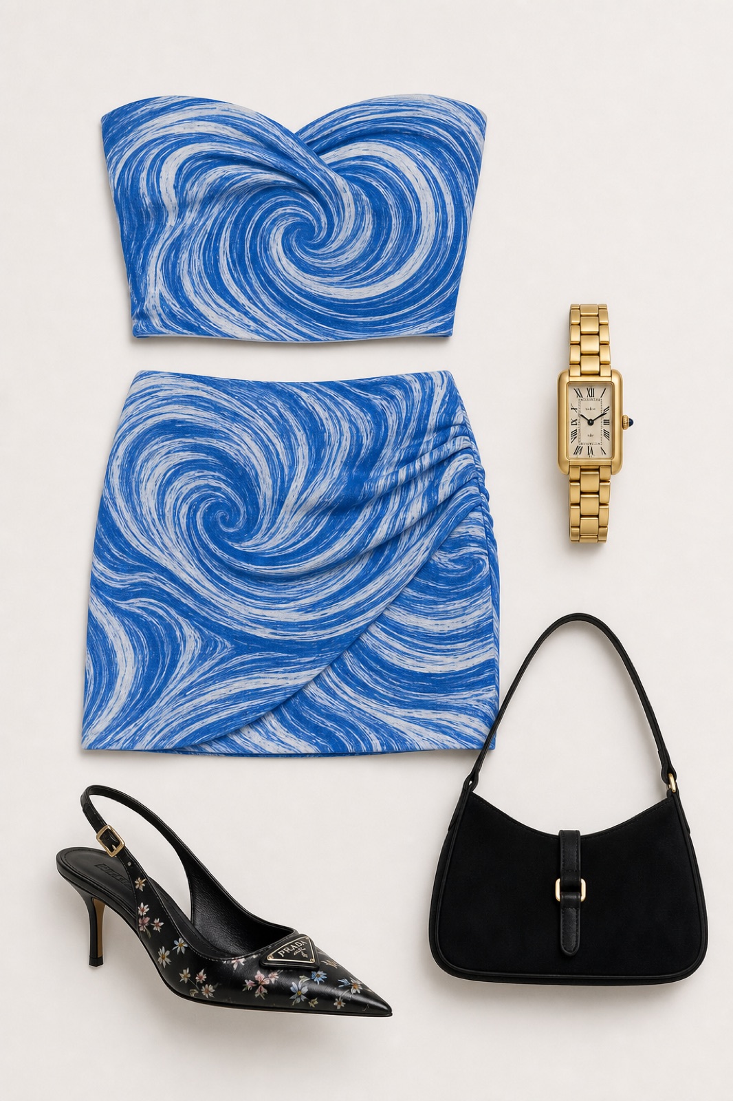Outfit with blue and white spiral print two-piece set, Prada Floral-Print Leather Pump, Black Suede Shoulder Bag curated by @dopasnap