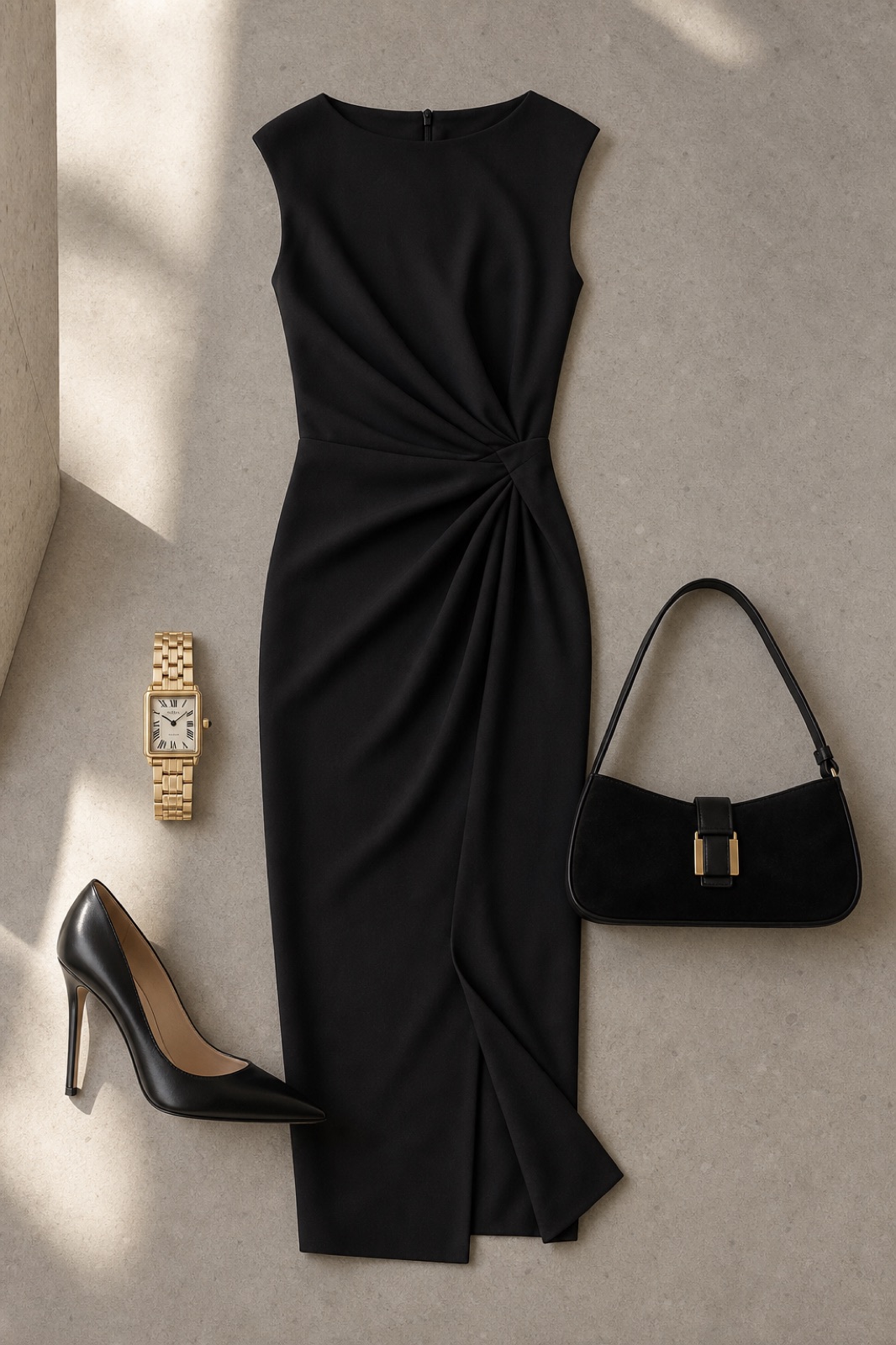 Outfit with Max Mara Embassy Dress, Gianvito Rossi Metallic Leather Stiletto Pump, Black Suede Shoulder Bag curated by @dopasnap