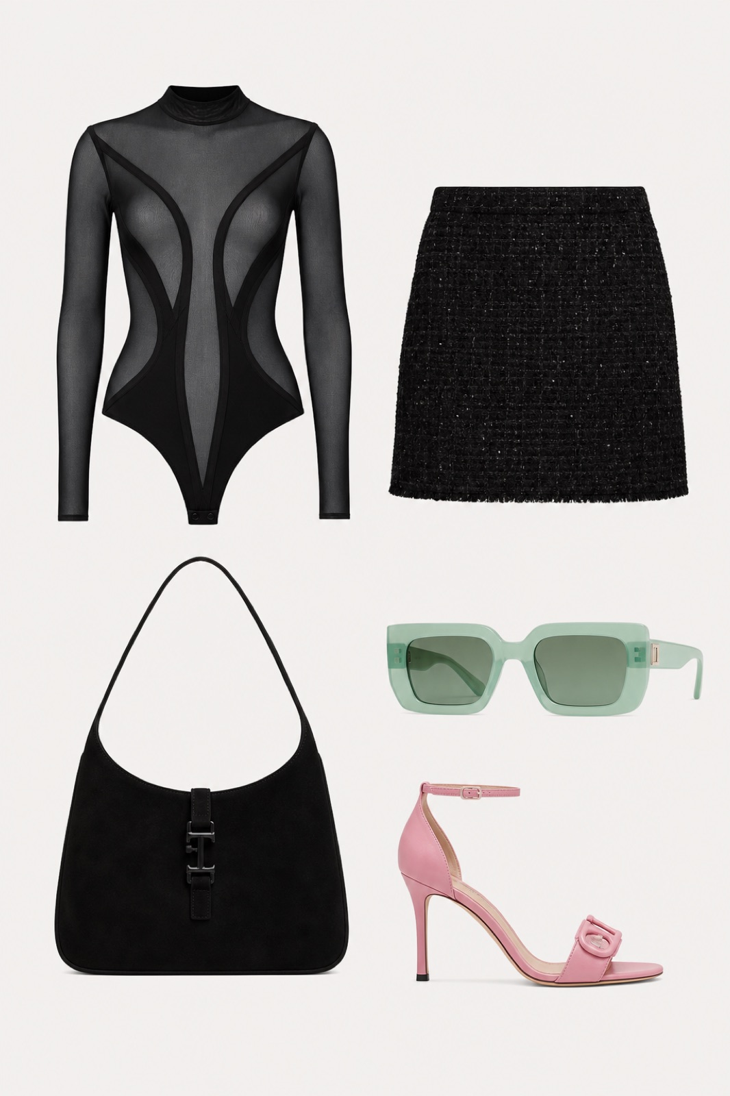 Outfit with Mugler Long-Sleeve Mesh Bodysuit, Valentino Garavani Tweed Mini Skirt, Ferragamo Viva Heel Sandal curated by @dopasnap