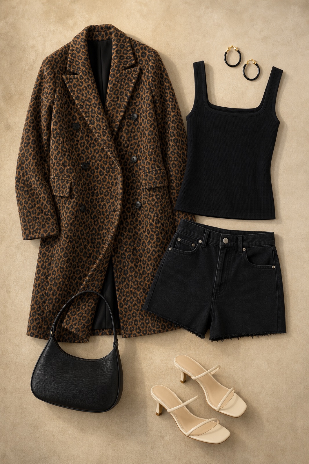 Outfit with black square neck tank top, Black Denim Shorts, Leopard-Print Double-Breasted Long Coat curated by @dopasnap