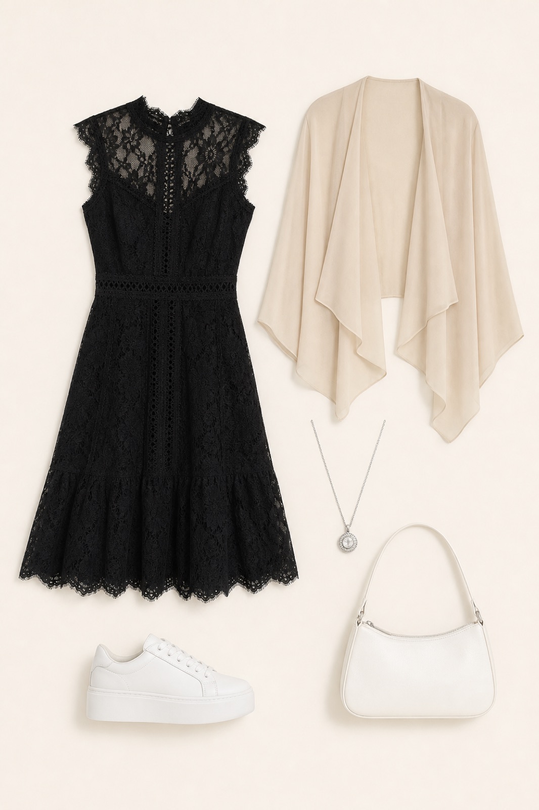 Outfit with Self-Portrait Lace-Panel Cocktail Dress, Chiffon Cape Shrug, White platform sneakers curated by @dopasnap