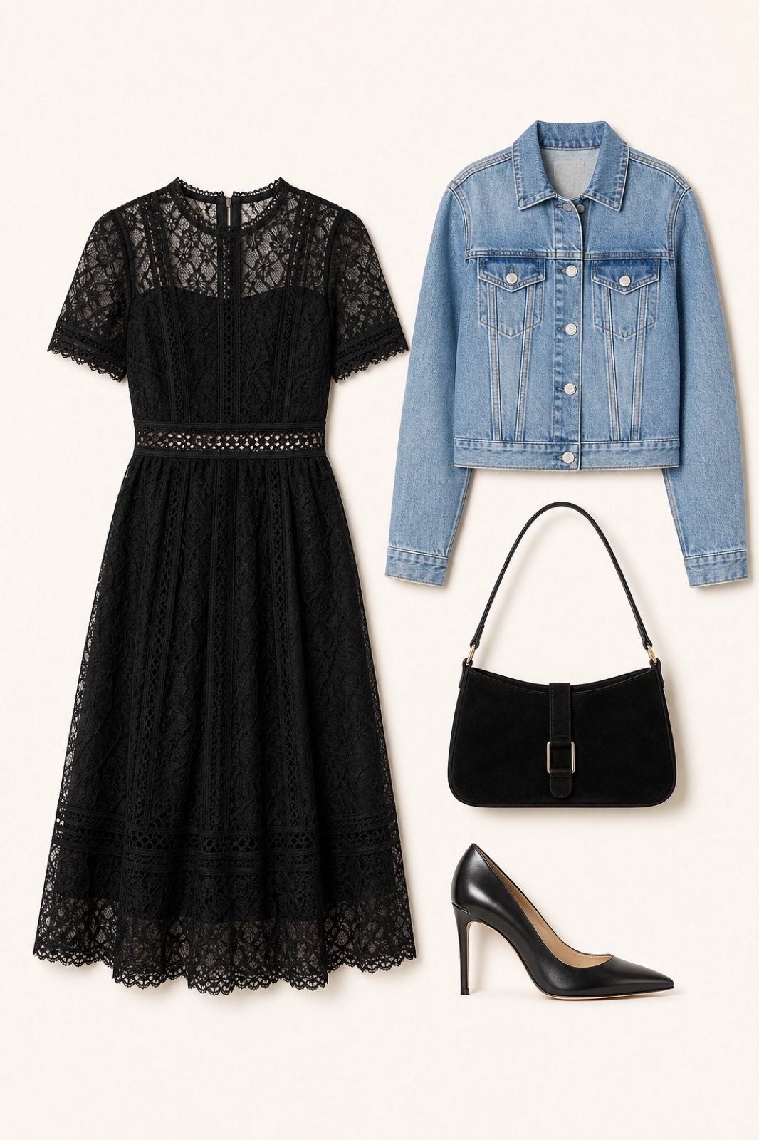 Outfit with Self-Portrait Lace-Panel Cocktail Dress, Cropped Denim Jacket, Gianvito Rossi Metallic Leather Stiletto Pump curated by @dopasnap