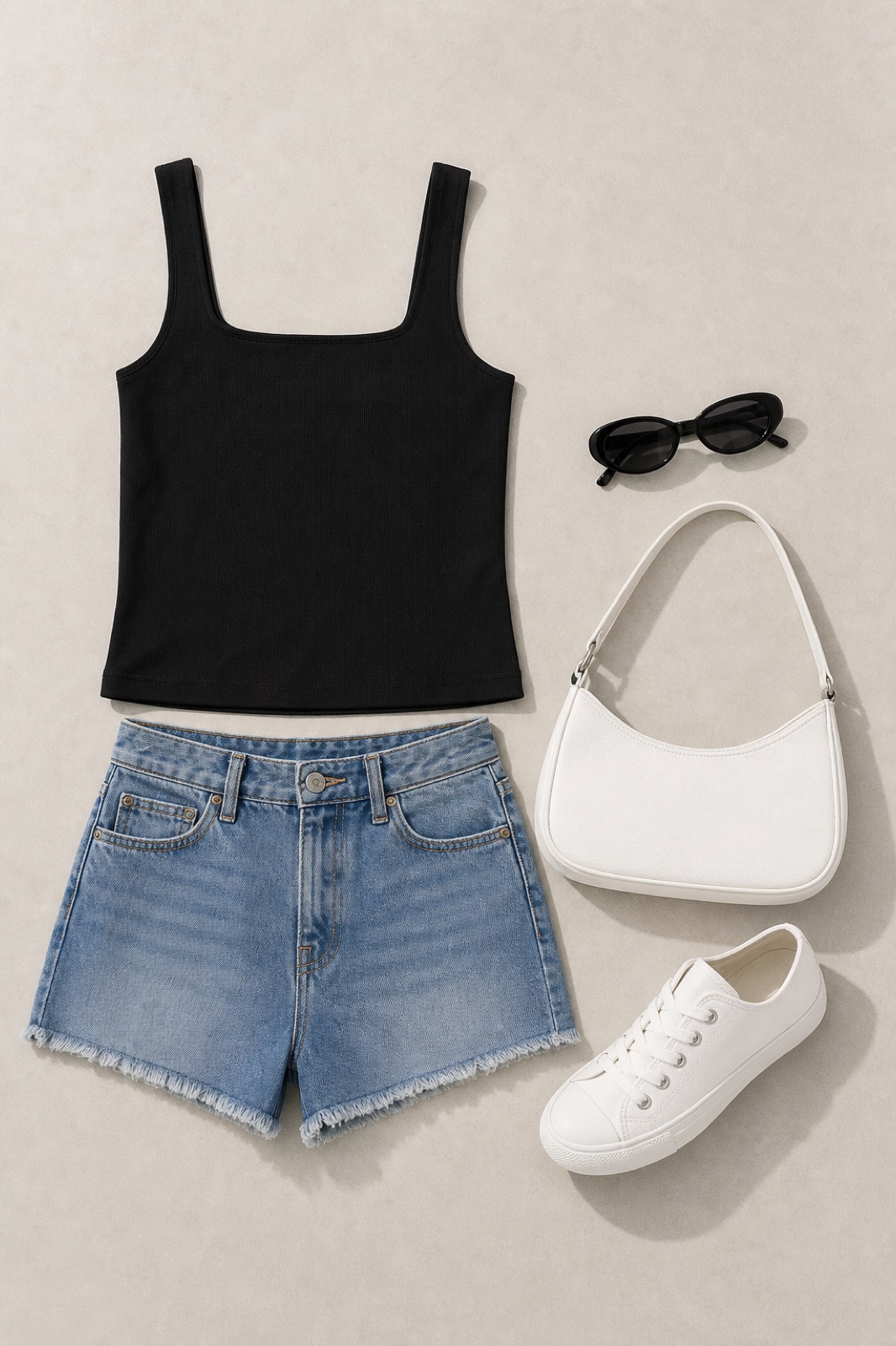 Outfit with black square neck tank top, Denim Shorts, White canvas low-top sneaker curated by @dopasnap
