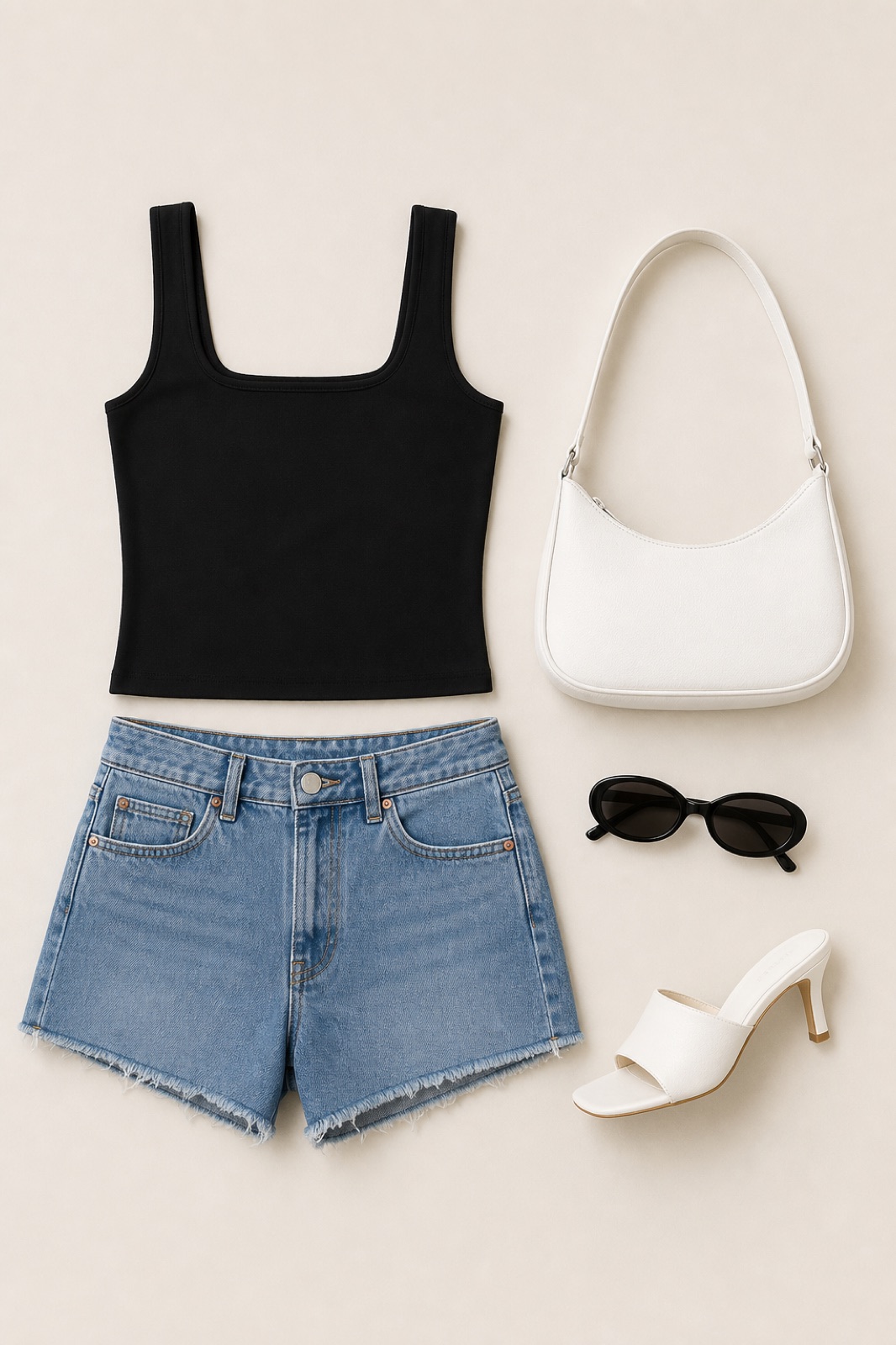 Outfit with black square neck tank top, Denim Shorts, White Mule Heels curated by @dopasnap