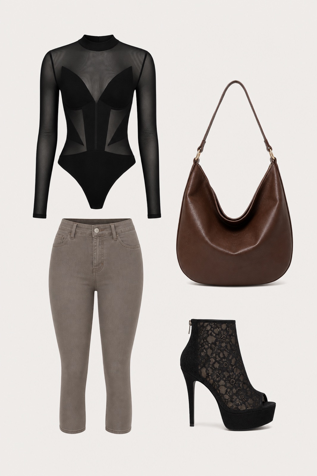 Outfit with Mugler Long-Sleeve Mesh Bodysuit, Prolific Health Mallas de mezclilla para mujer, con aspecto de jean, adelgazantes, muchos colores, de elastano, pantalones capri, tallas S-XXXL, Brown leather hobo shoulder bag curated by @dopasnap