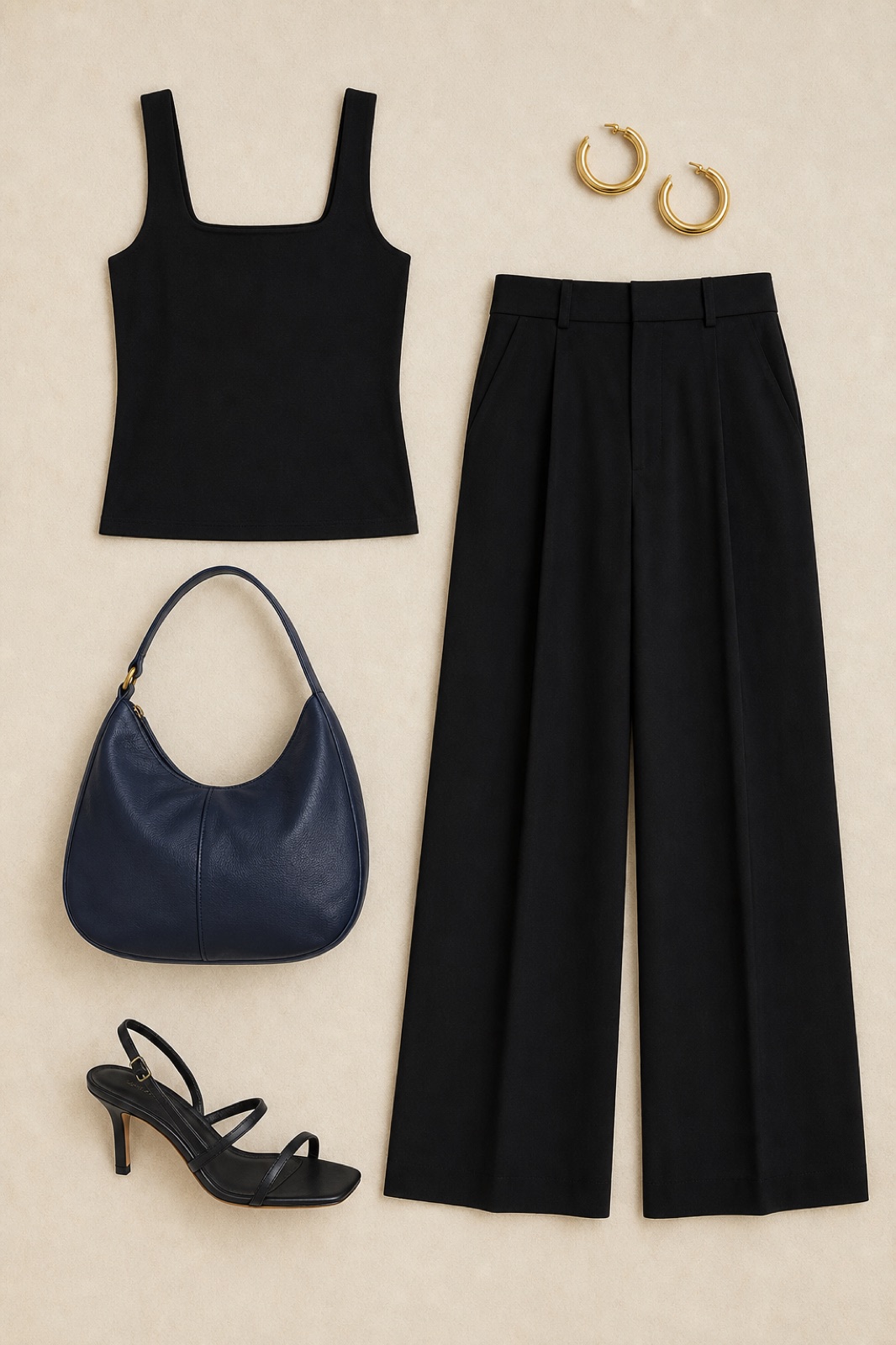 Outfit with black square neck tank top, black tall high-waist wide-leg trousers, Black strappy leather heel sandals curated by @dopasnap