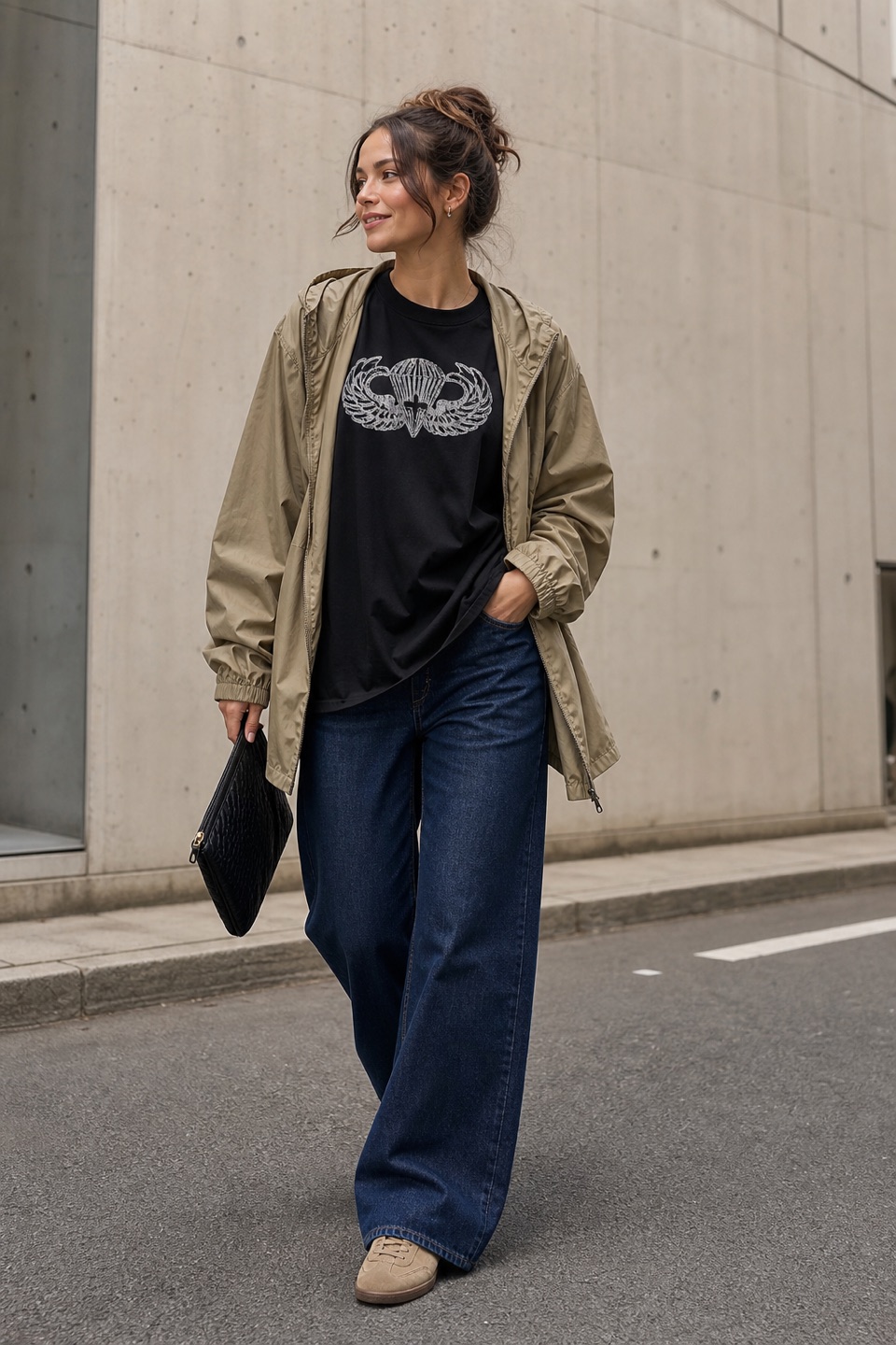Outfit with airborne badge oversized tee, dark blue wide-leg denim jeans, Khaki Hooded Lightweight Raincoat curated by @dopasnap